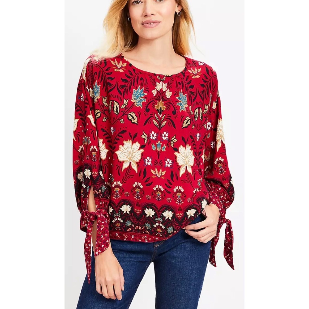 LOFT Red Floral Medallion Boho Blouse Tie Cuff Sleeve Keyhole Back Womens Size M